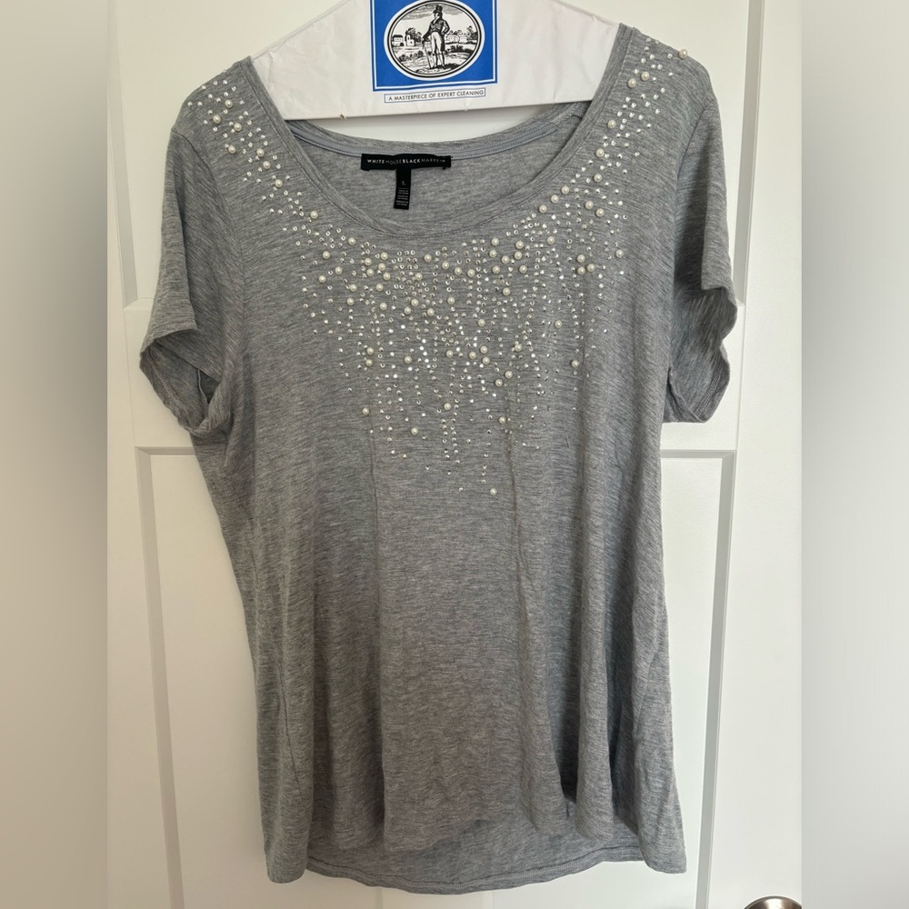 White House Black Market Gray Short Sleeve Tee with Pearl Embellishment